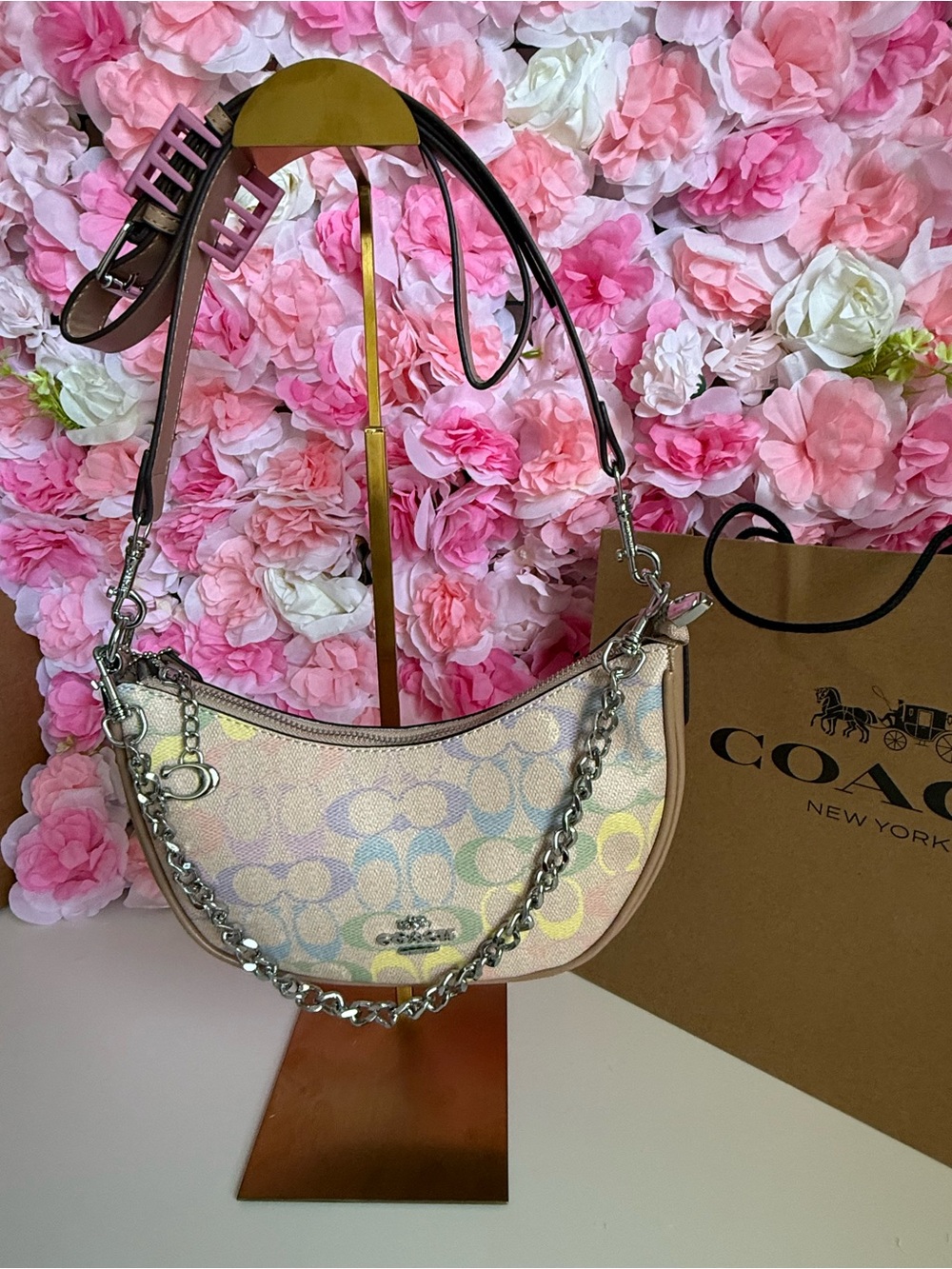 Coach Pastel Rainbow Signature Crescent Shoulder Bag - Pink/Beige - Picture 2 of 4